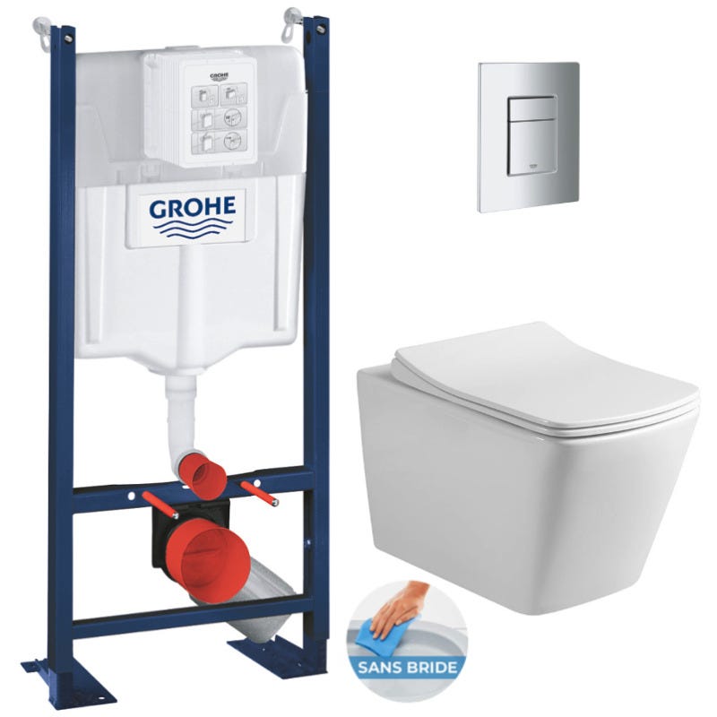 Grohe Pack WC Bâti autoportant + WC sans bride SAT Infinitio Design + Abattant softclose + Plaque chrome mat 0