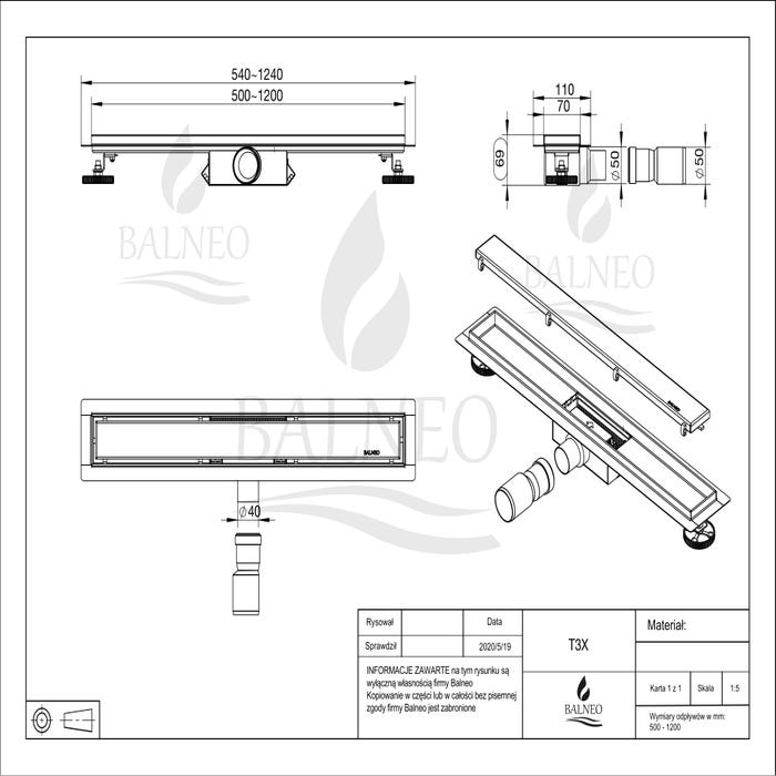 Balneo Caniveau de douche 2 en 1, en Acier Inox 50cm, finition chrome, avec Siphon, Duplex Next 8