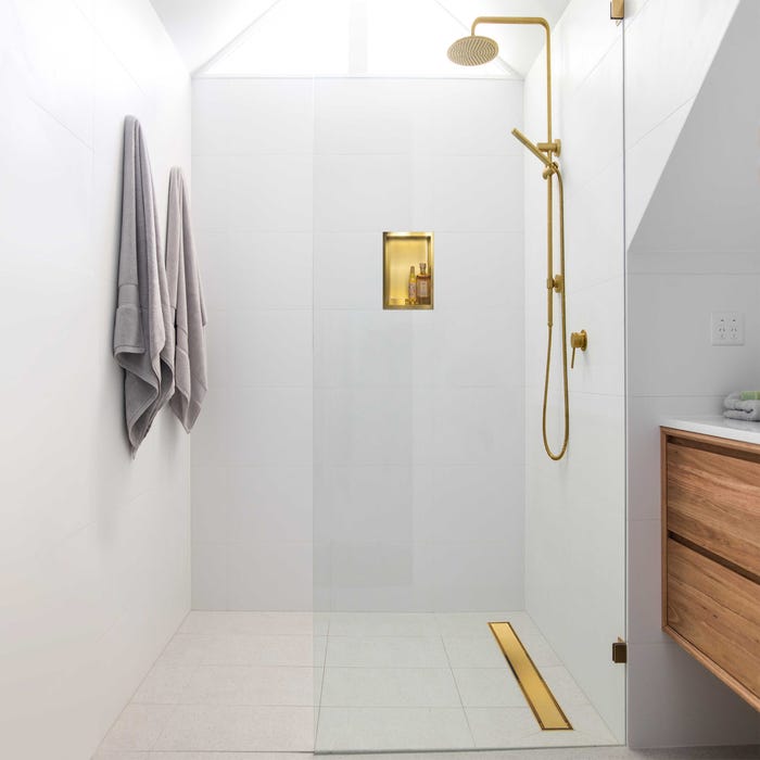 Balneo Caniveau de douche 2 en 1, en Acier Inox 80cm, finition gold, avec Siphon, Duplex Next 1