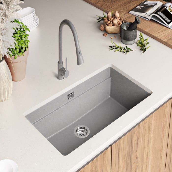 Evier Multifonction Gris en Granit, 86 x 47 cm, Evier 1 bac + Kit de Vidange + Accessoires, Évier Sous Plan de Primagran 2