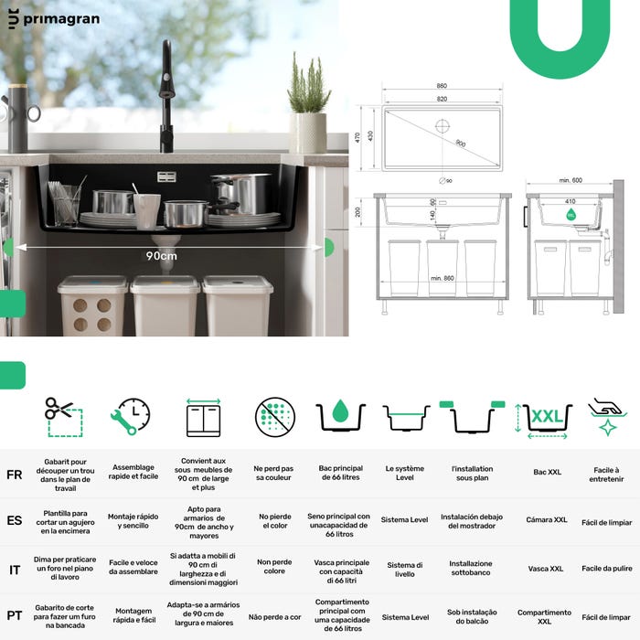 Evier Multifonction Gris en Granit, 86 x 47 cm, Evier 1 bac + Kit de Vidange + Accessoires, Évier Sous Plan de Primagran 5