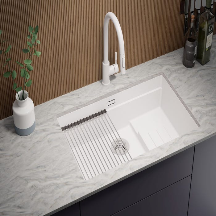 Evier Multifonction Blanc en Granit, 76 x 47 cm, Evier 1 bac + Kit de Vidange + Accessoires, Évier Sous Plan de Primagran 1