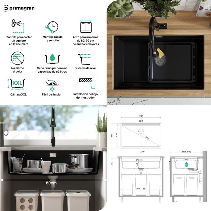 Evier Multifonction Gris en Granit, 76 x 47 cm, Evier 1 bac + Kit de Vidange + Accessoires, Évier Sous Plan de Primagran 6