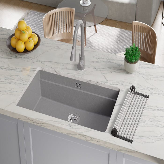 Evier Multifonction Gris en Granit, 76 x 47 cm, Evier 1 bac + Kit de Vidange + Accessoires, Évier Sous Plan de Primagran 8