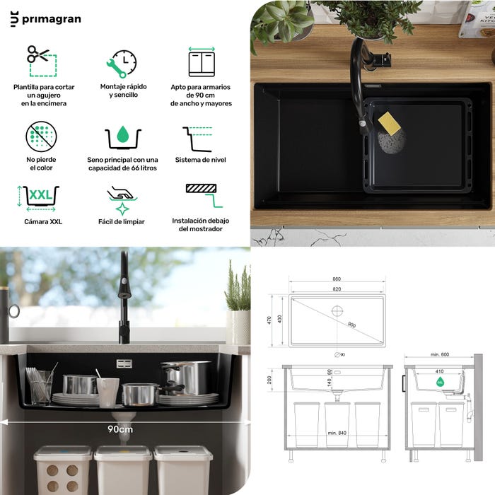 Evier Multifonction Noir en Granit, 86 x 47 cm, Evier 1 bac + Kit de Vidange + Accessoires, Évier Sous Plan de Primagran 6