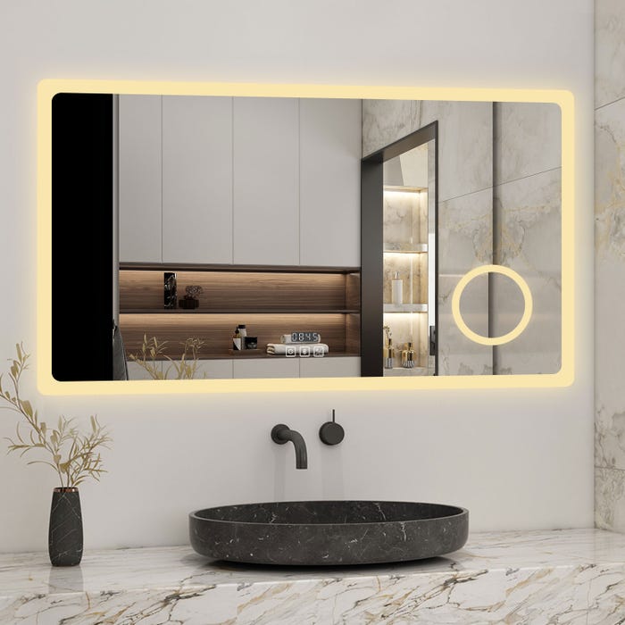 AICA Miroir lumineux Horloge + loupe + bluetooth + tricolore + anti-buée 80x60cm salle de bain dimmable,mémoire,tactile,led 3