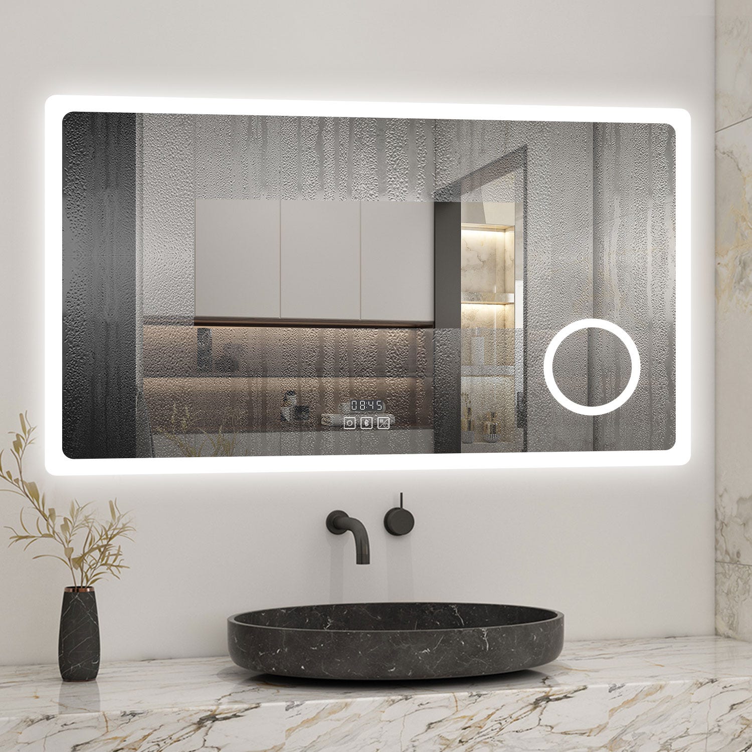 AICA Miroir lumineux Horloge + loupe + bluetooth + tricolore + anti-buée 80x60cm salle de bain dimmable,mémoire,tactile,led 1