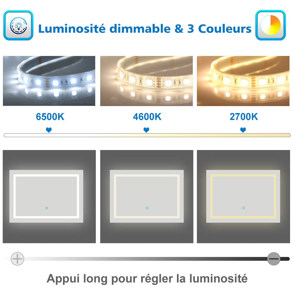 AICA LED miroir lumineux 3 couleurs tactile + anti-buée + dimmable + mémoire 120x70cm miroir salle de bain 4