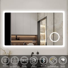 AICA Miroir lumineux Horloge + loupe + bluetooth + tricolore + anti-buée 140x80cm salle de bain dimmable,mémoire,tactile,led 0
