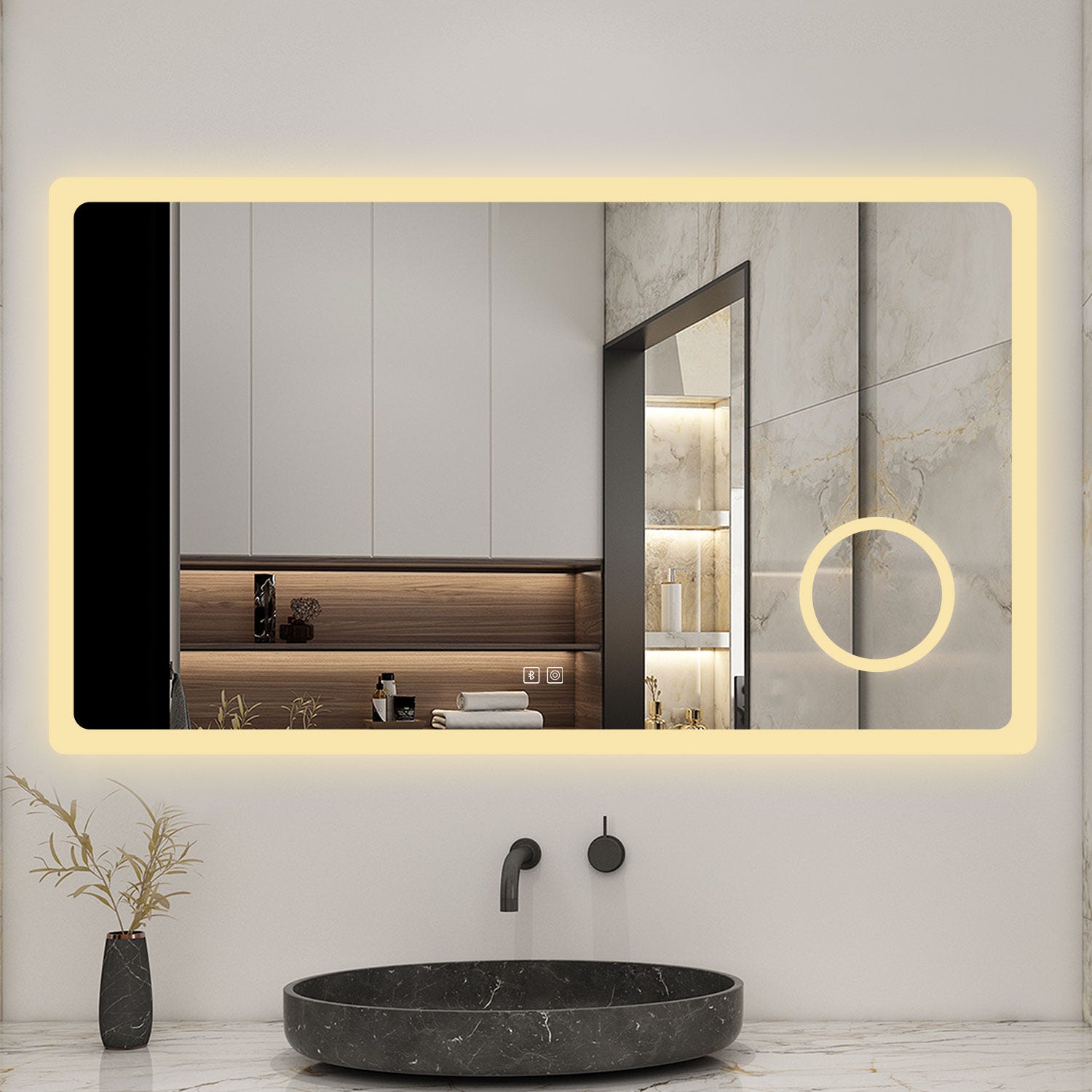 AICA Miroir lumineux loupe + bluetooth + tricolore + anti-buée 80x60cm salle de bain dimmable,mémoire,tactile,led 3