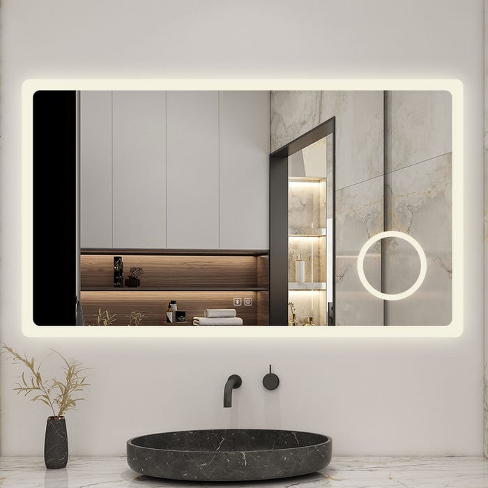 AICA Miroir lumineux loupe + bluetooth + tricolore + anti-buée 80x60cm salle de bain dimmable,mémoire,tactile,led 4