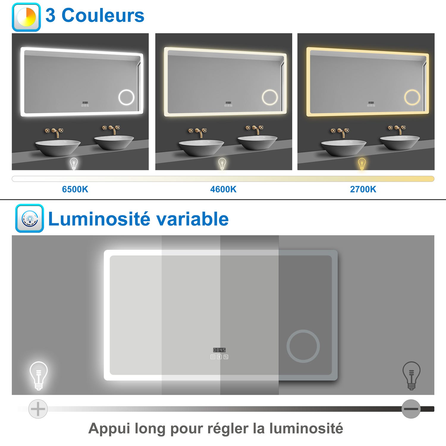 AICA Miroir lumineux Horloge + loupe + bluetooth + tricolore + anti-buée 160x80cm salle de bain dimmable,mémoire,tactile,led 4