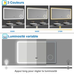 AICA Miroir lumineux Horloge + loupe + bluetooth + tricolore + anti-buée 160x80cm salle de bain dimmable,mémoire,tactile,led 4