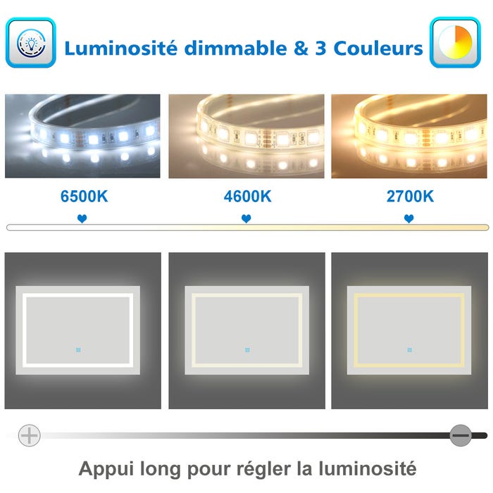 AICA LED miroir lumineux 3 couleurs tactile + anti-buée + dimmable + mémoire 120x80cm miroir salle de bain 4