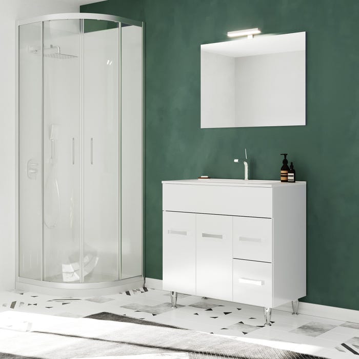 MADRID Meuble salle de bain sur pieds simple vasque Blanc L. 100 cm + miroir 1