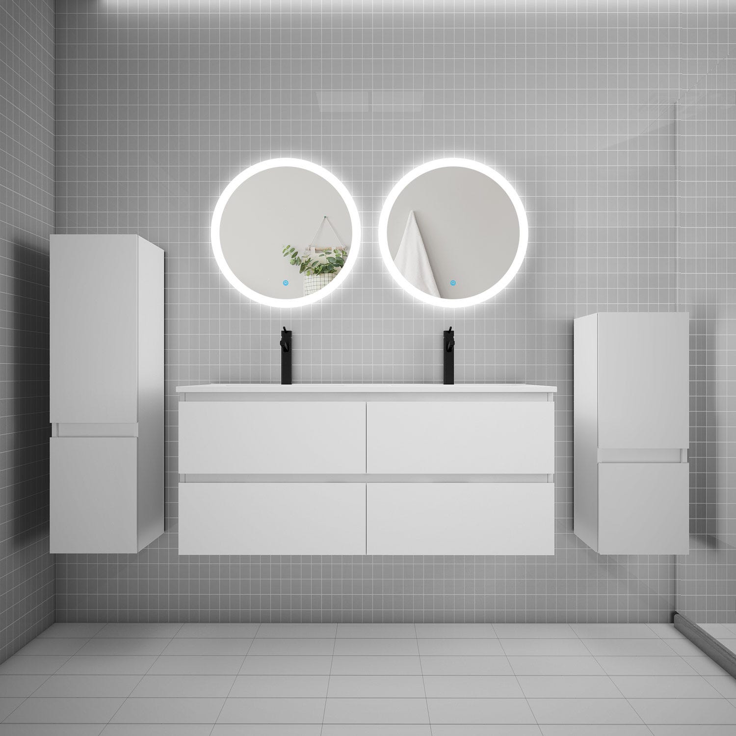 Ensemble meuble double vasque L.120cm 4 tiroirs + lavabo + 2*LED miroirs rond 60cm + 2*colonne,blanc,easy 0