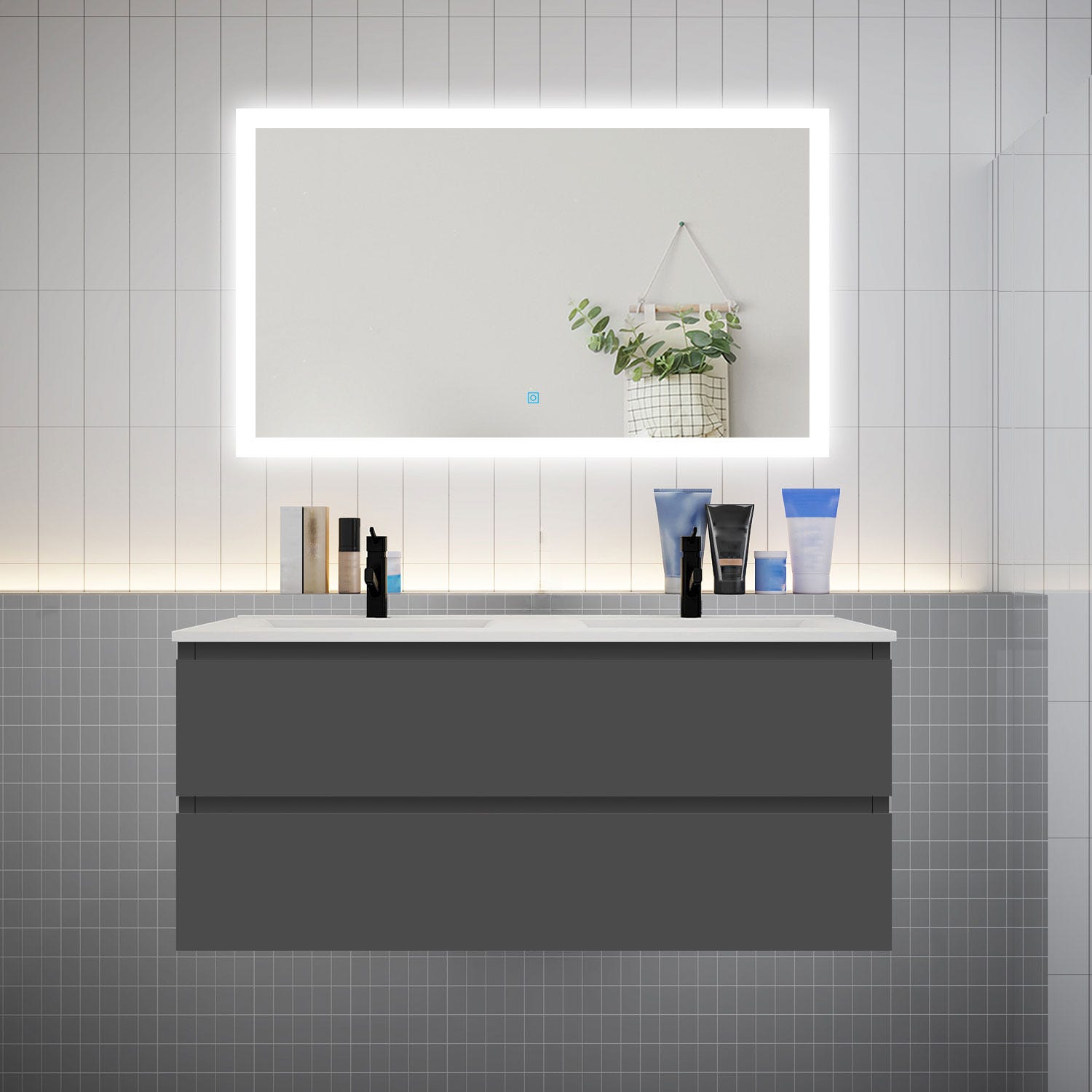 Ensemble meuble double vasque L.120cm anthracite 4 tiroirs + led miroir + lavabo,AICA 0