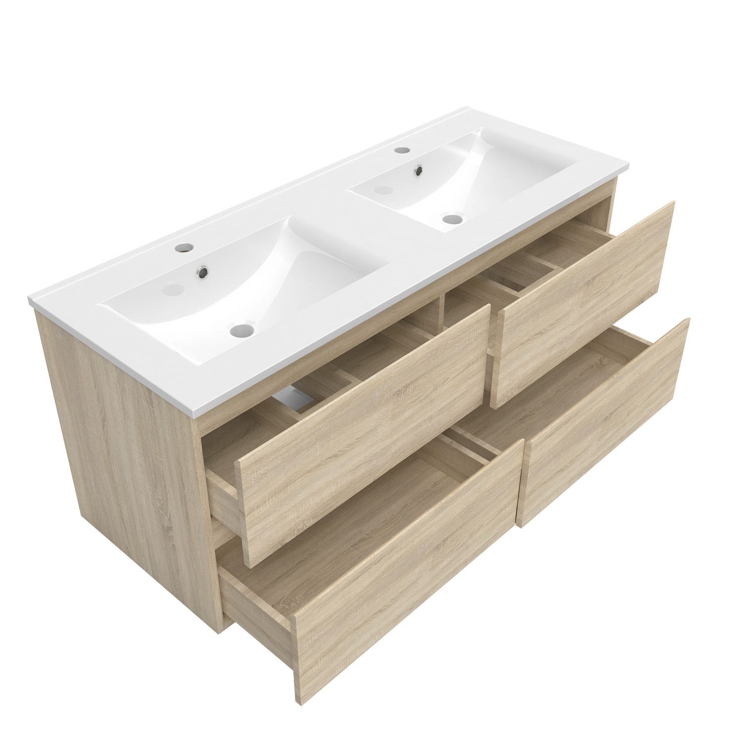 Ensemble meuble double vasque L.120cm 4 tiroirs + lavabo + 2 LED miroirs rond 60cm,chêne，aica sanitaire 1