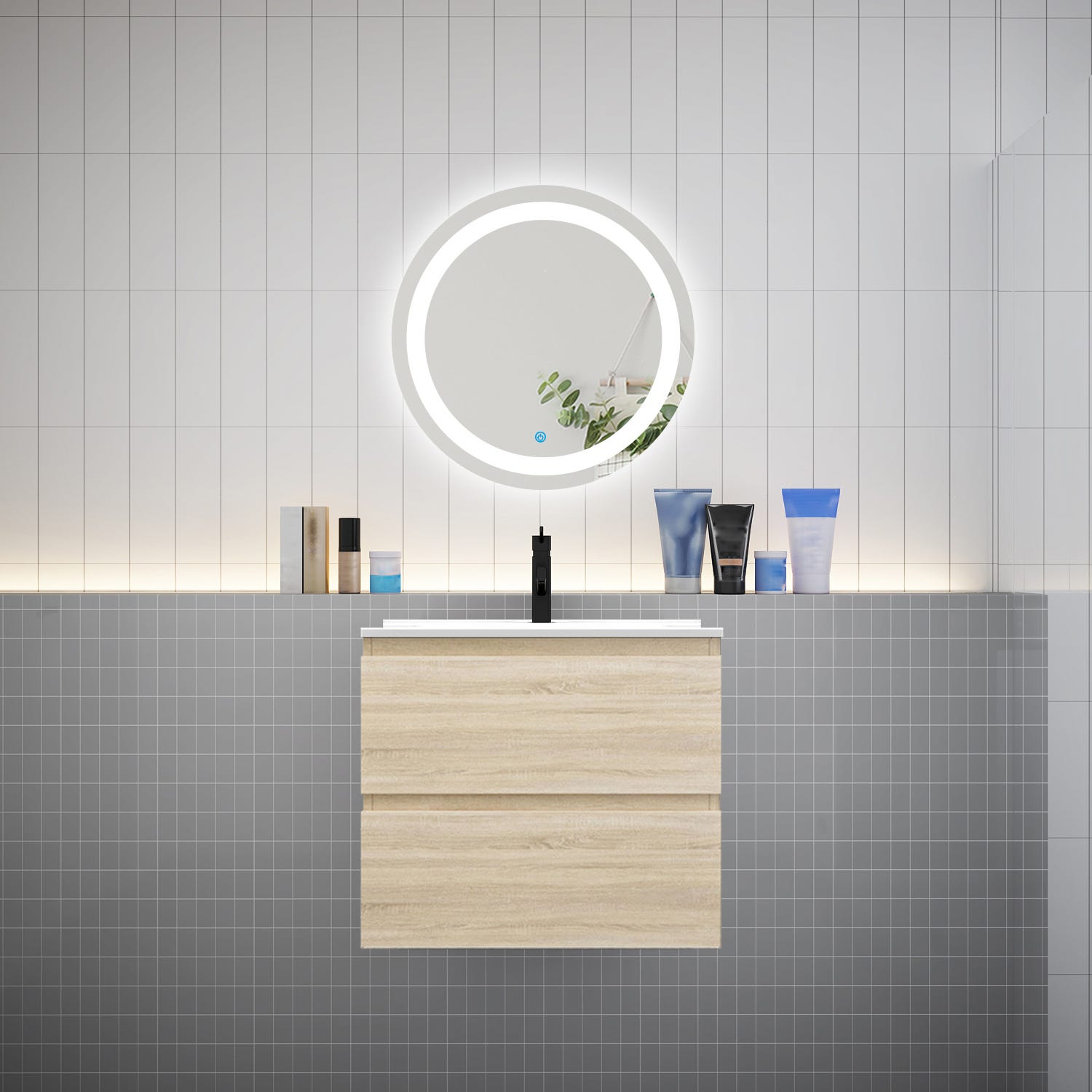 Ensemble L.60cm meuble vasque 2 tiroirs + lavabo + LED miroir rond 60cm,chêne 0