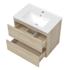 Ensemble L.60cm meuble vasque 2 tiroirs + lavabo + LED miroir rond 60cm,chêne 1