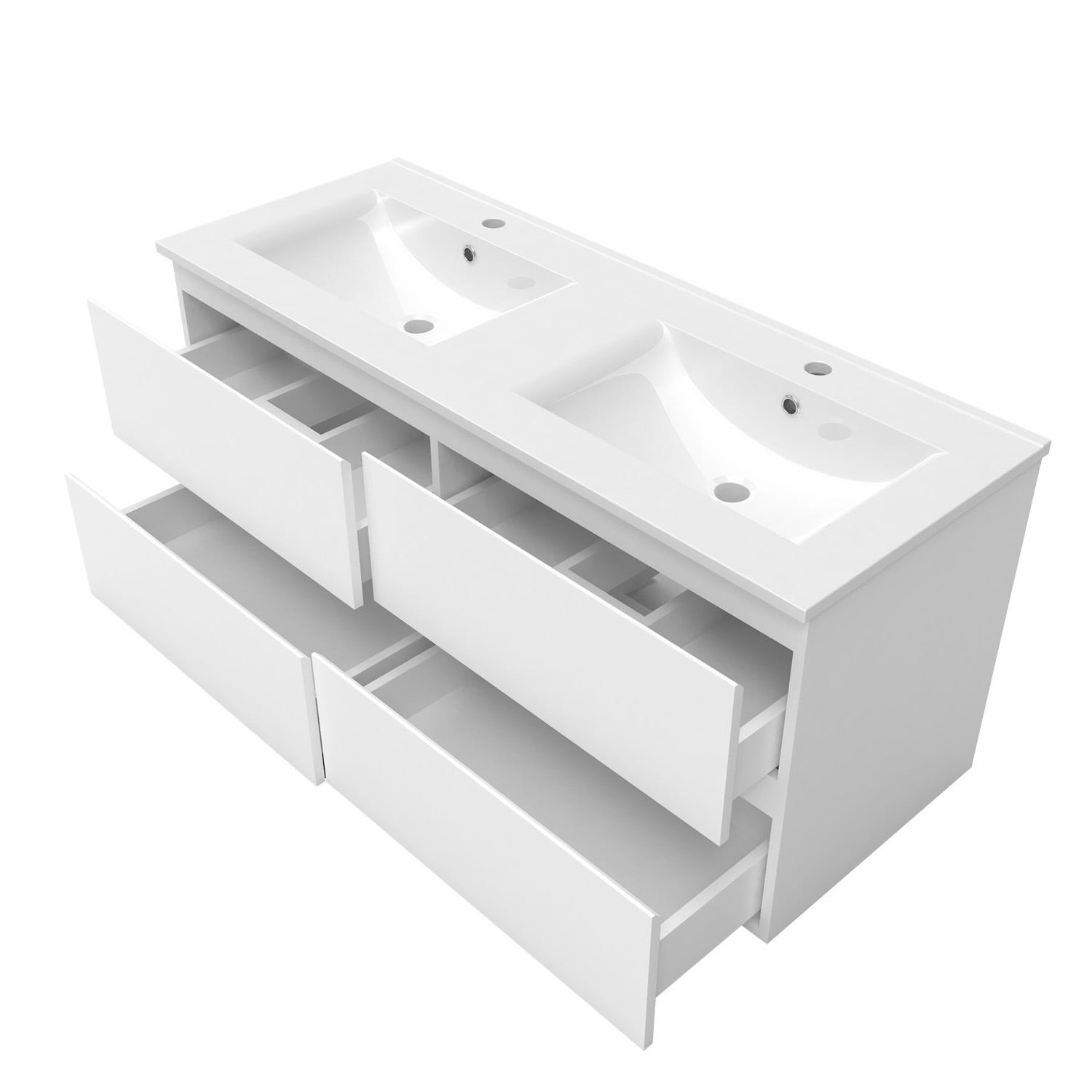 Ensemble meuble 2 vasque L.120cm 4 tiroirs + lavabo + LED miroir + colonne,blanc aica 1
