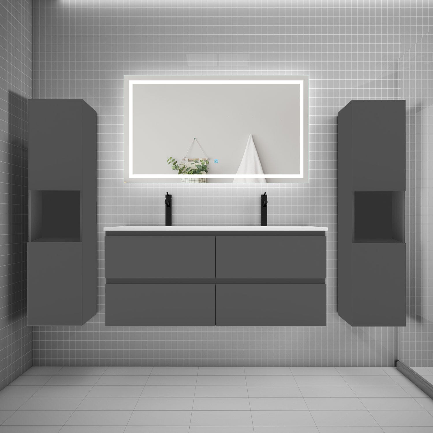 Ensemble meuble double vasque L.120cm + lavabo + LED miroir + 2*colonne,anthracite B 0