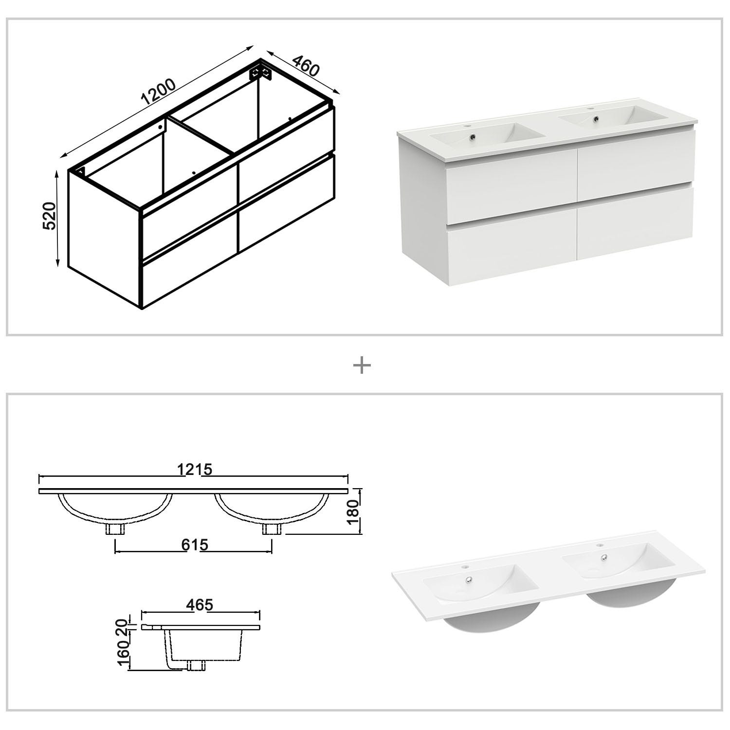 Ensemble meuble 2 vasque L.120cm 4 tiroirs + lavabo + LED miroir + colonne,blanc,A 4