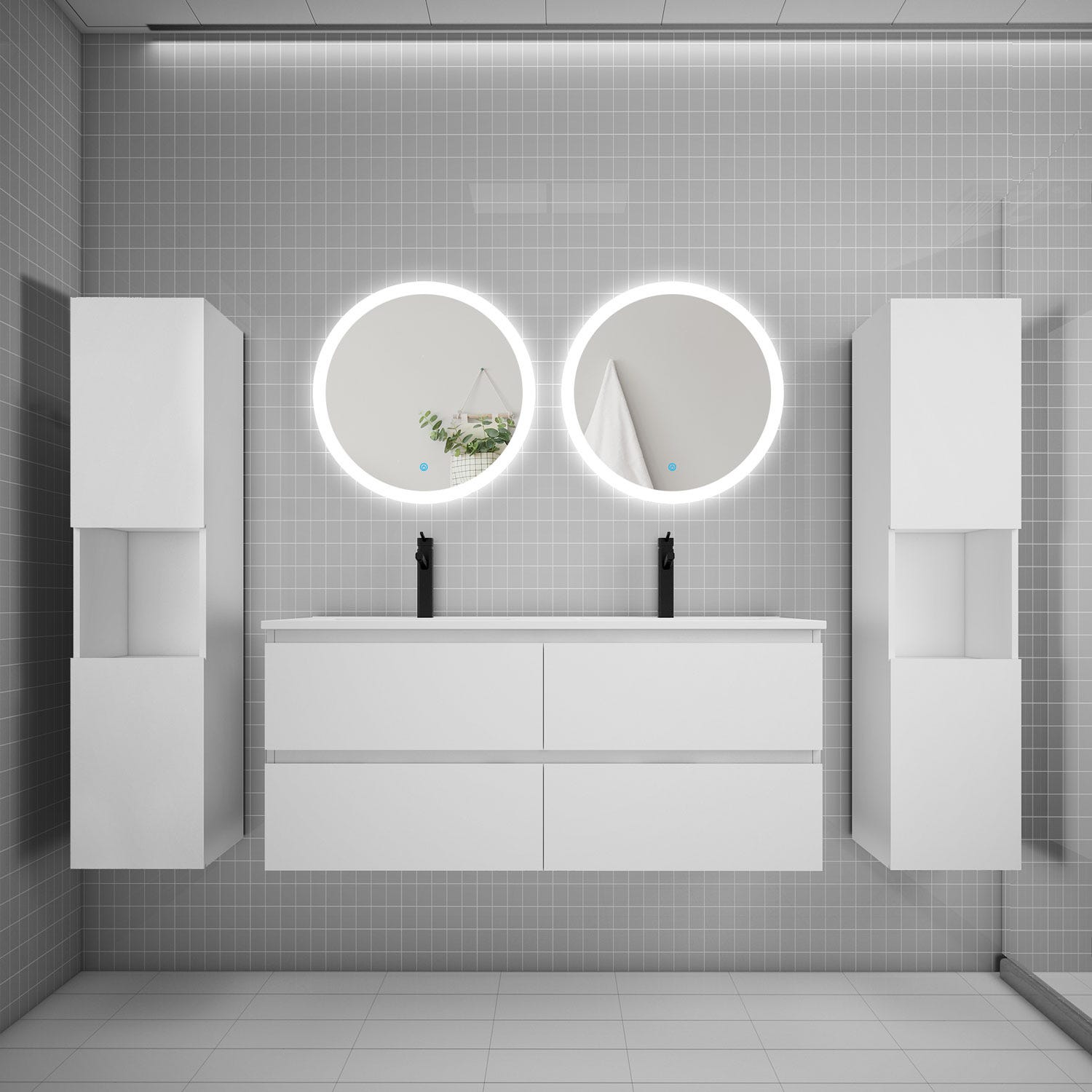 AICA Ensemble meuble double vasque L.120cm 4 tiroirs + lavabo + 2*LED miroirs rond 60cm + 2*colonne,blanc A 0
