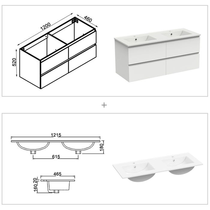 Ensemble meuble double vasque L.120cm blanc 4 tiroirs + lavabo + colonne,AICA SANITAIRE 4