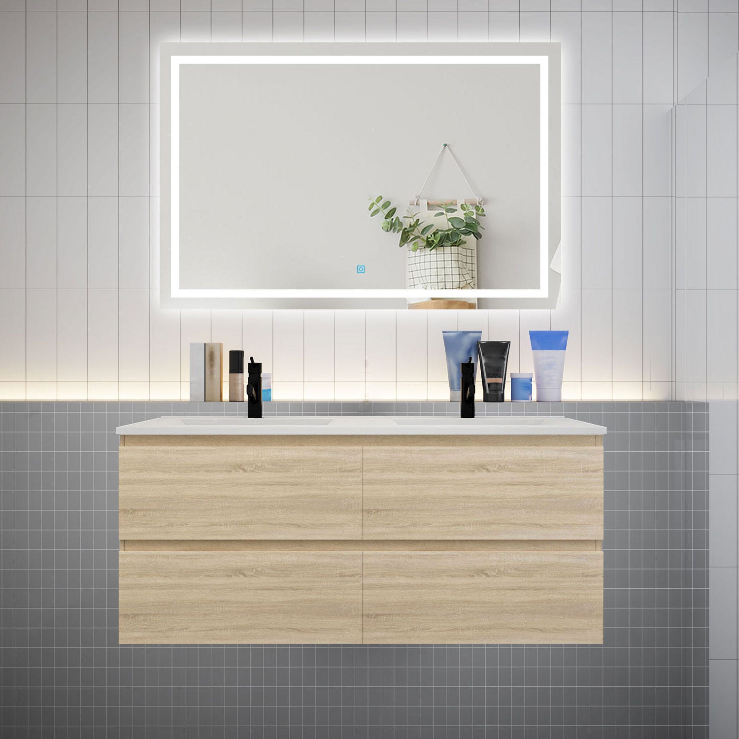 Ensemble meuble double vasque L.120cm 4 tiroirs + lavabo + LED miroir,chêne 0