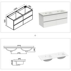 AICA Ensemble meuble 2 vasque L.120cm 4 tiroirs + lavabo + LED miroir + colonne,blanc 4