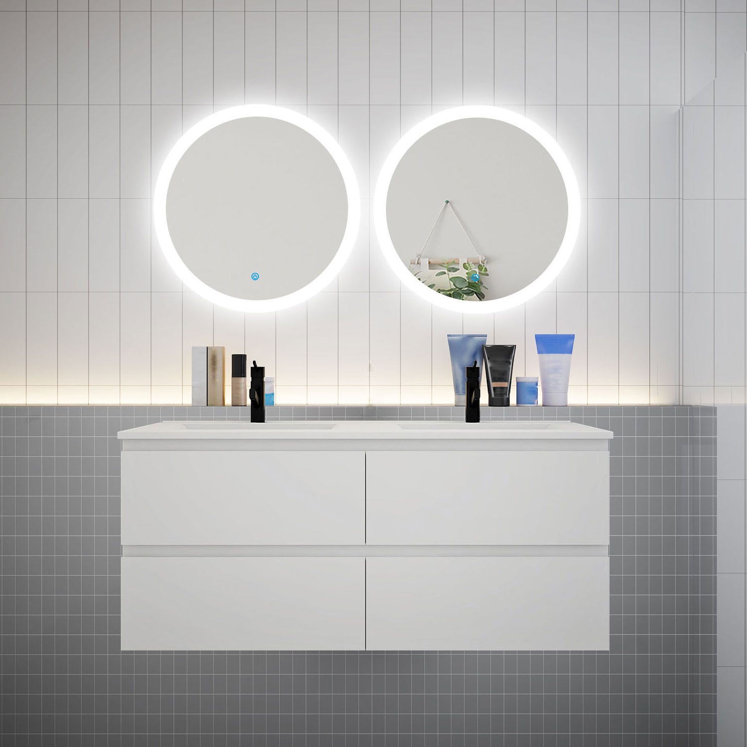 Ensemble meuble double vasque L.120cm 4 tiroirs + lavabo + 2 LED miroirs rond 60cm,blanc,aica 0