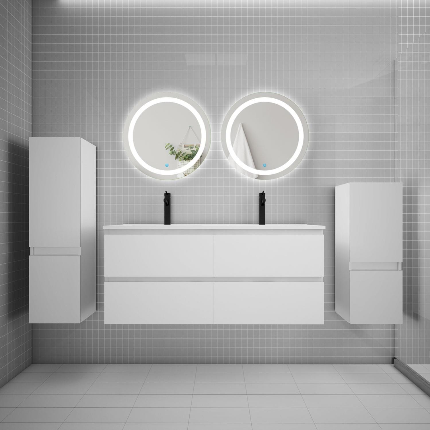 Ensemble meuble double vasque L.120cm 4 tiroirs + lavabo + 2*LED miroirs rond 60cm + 2*colonne,blanc design 0