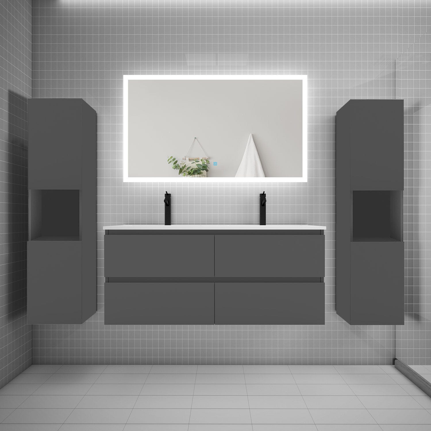 Ensemble meuble double vasque L.120cm + lavabo + LED miroir + 2*colonne,anthracite,aica 0