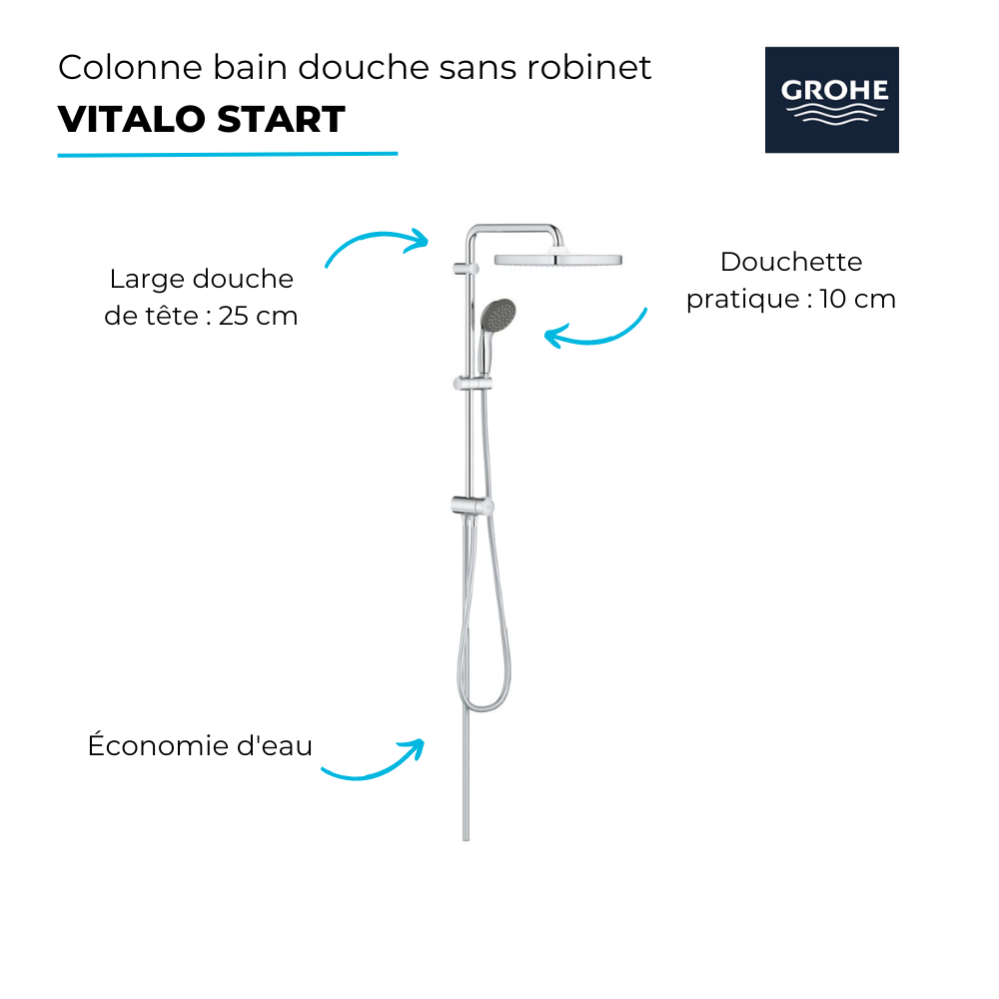 Colonne bain douche sans mitigeur GROHE Vitalio Start System avec inverseur manuel 250 + microfibre 2