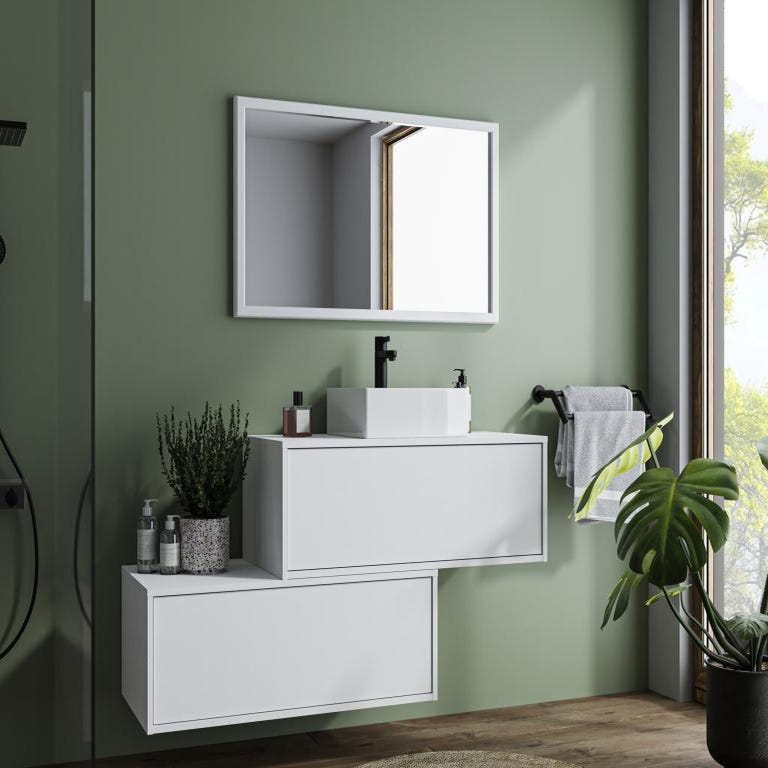 Meuble de salle de bain suspendu blanc avec simple vasque carrée et deux tiroirs - 94 cm - TEANA II 1