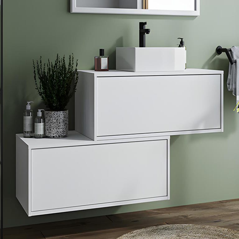 Meuble de salle de bain suspendu blanc avec simple vasque carrée et deux tiroirs - 94 cm - TEANA II 0