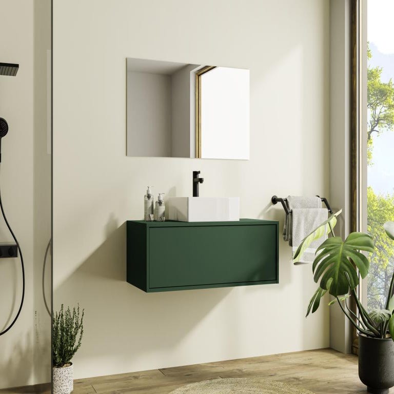 Meuble de salle de bain suspendu vert mat avec simple vasque carrée - 94 cm - TEANA II 1
