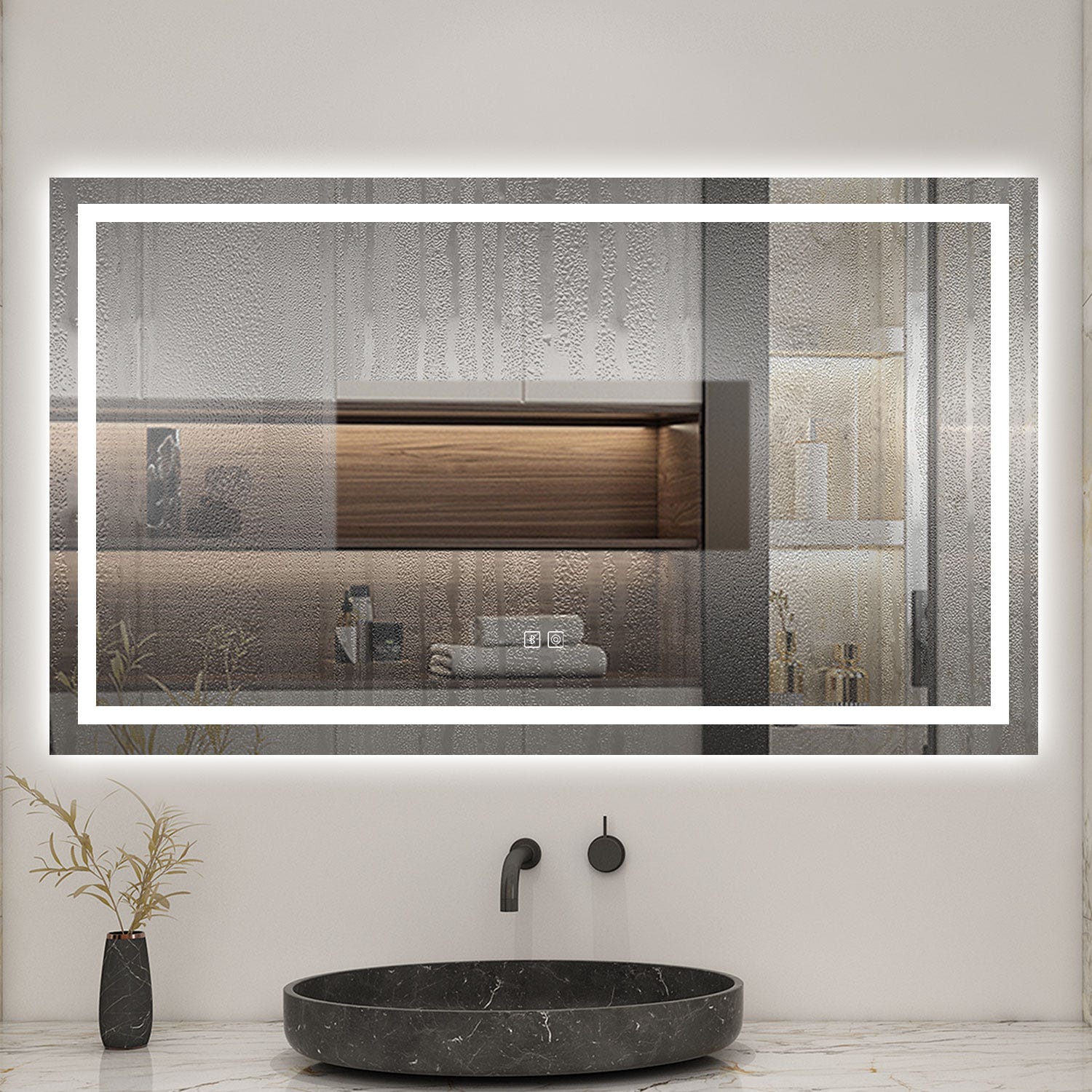 AICA Miroir lumineux bluetooth + tricolore + anti-buée 80x60cm salle de bain dimmable,mémoire,tactile,led 1