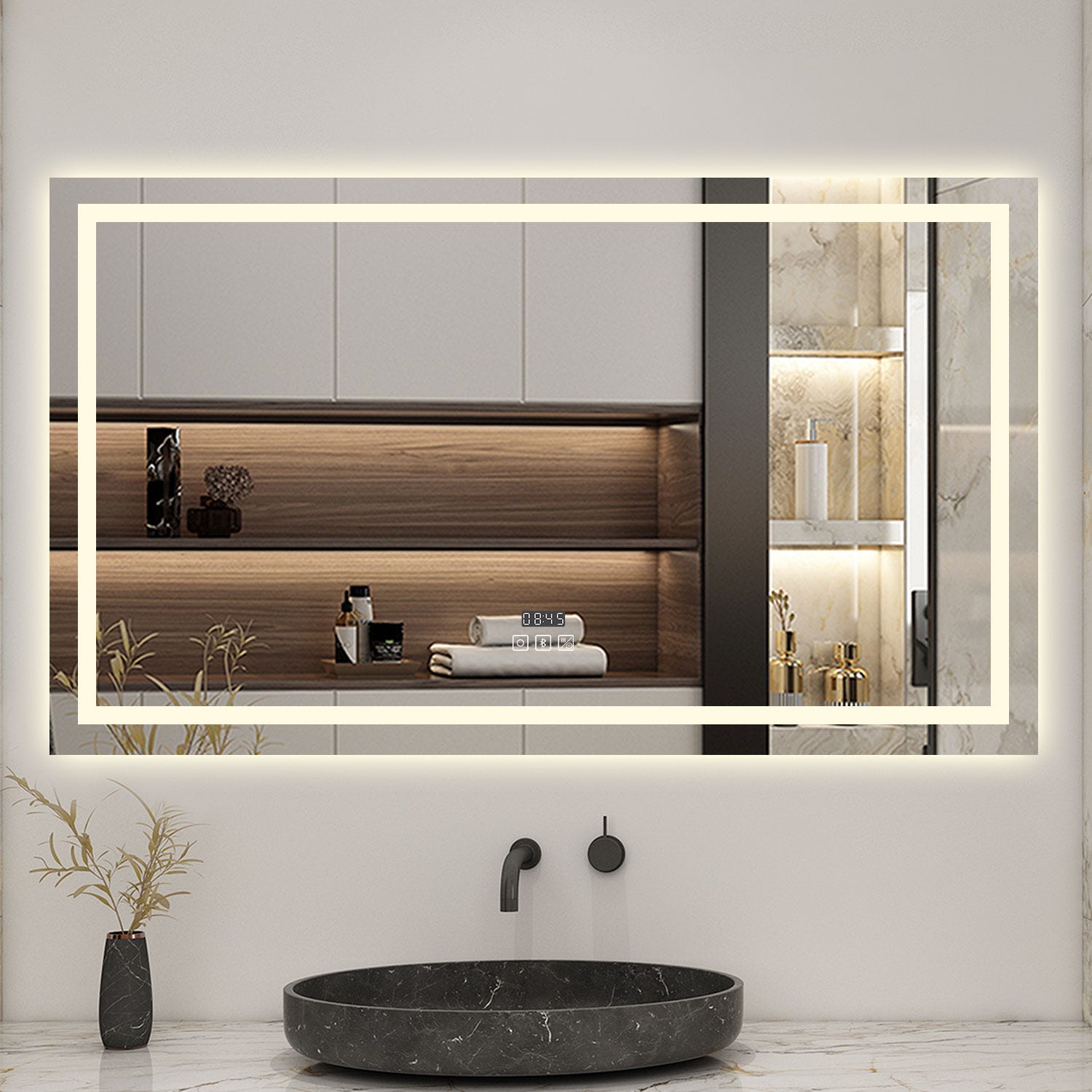 AICA Miroir lumineux Horloge + bluetooth + tricolore + anti-buée 120x70cm salle de bain dimmable,mémoire,tactile,led 4