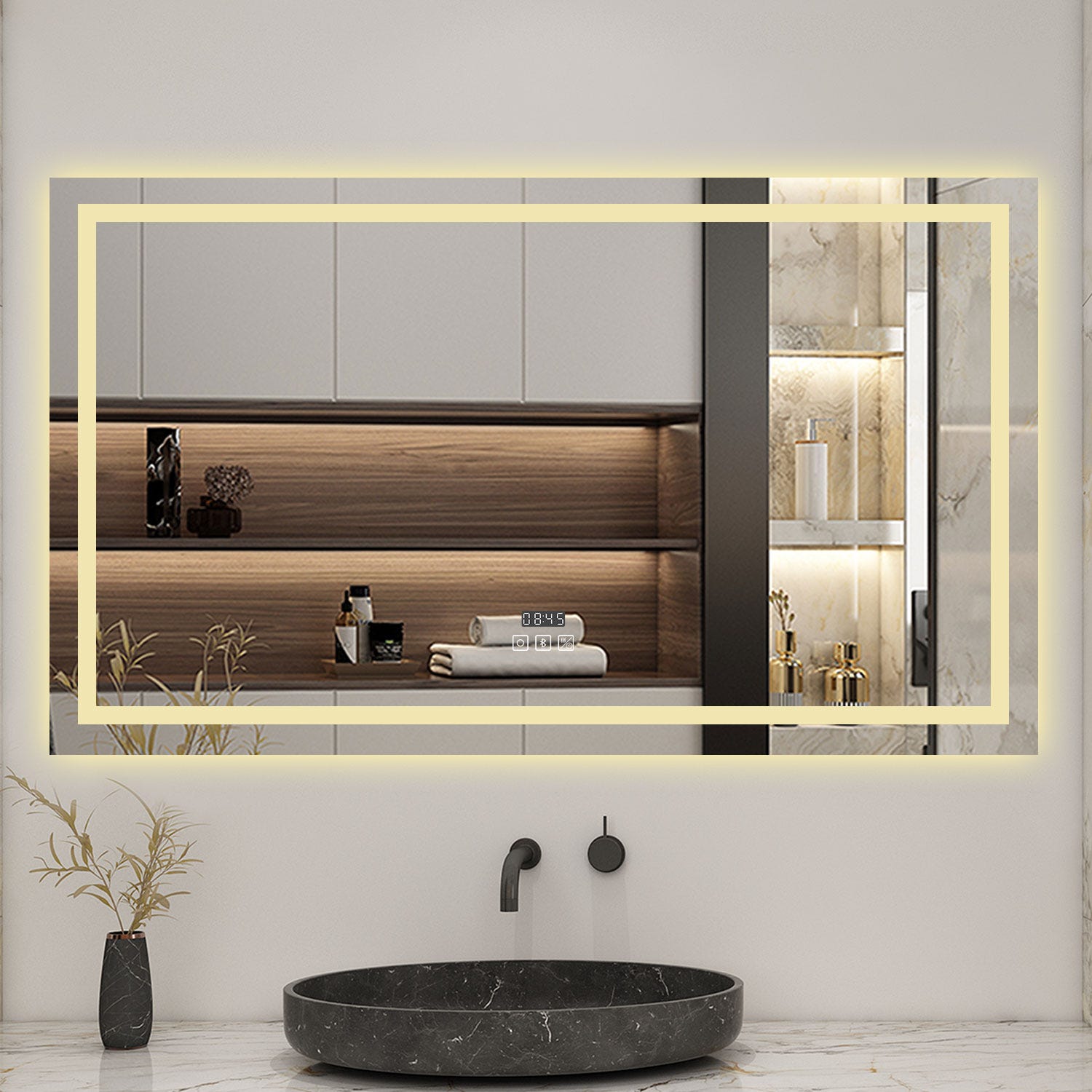 AICA Miroir lumineux Horloge + bluetooth + tricolore + anti-buée 120x70cm salle de bain dimmable,mémoire,tactile,led 2