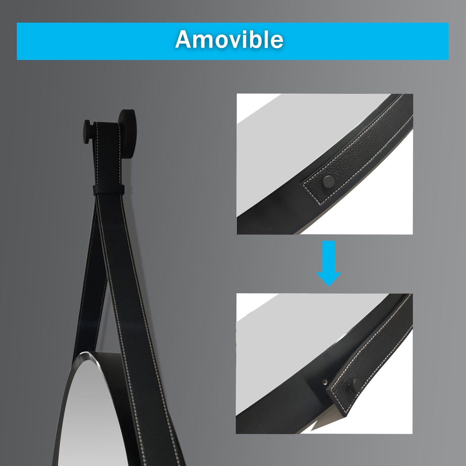 AICA Miroir rond 50x50cm noir encadré avec ceinture en cuir amovible suspendu verticalement 2