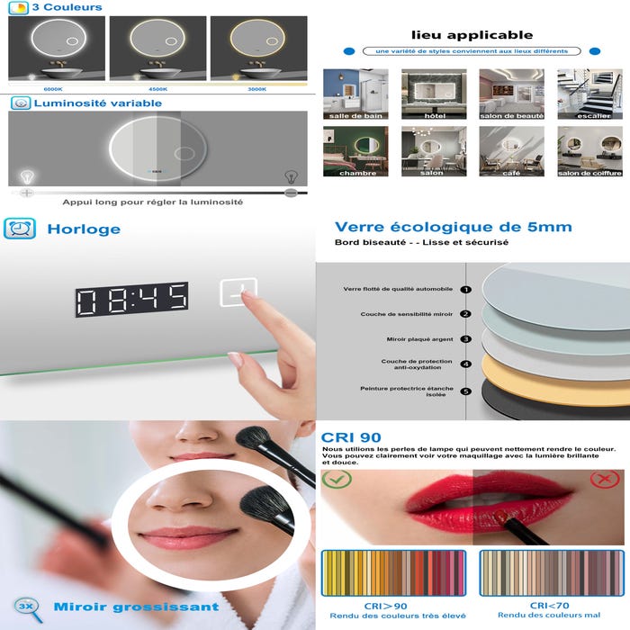 AICA LED miroir lumineux 3 couleurs tactile horloge + loupe + anti-buée + dimmable + mémoire 70x70cm miroir salle de bain rond 3