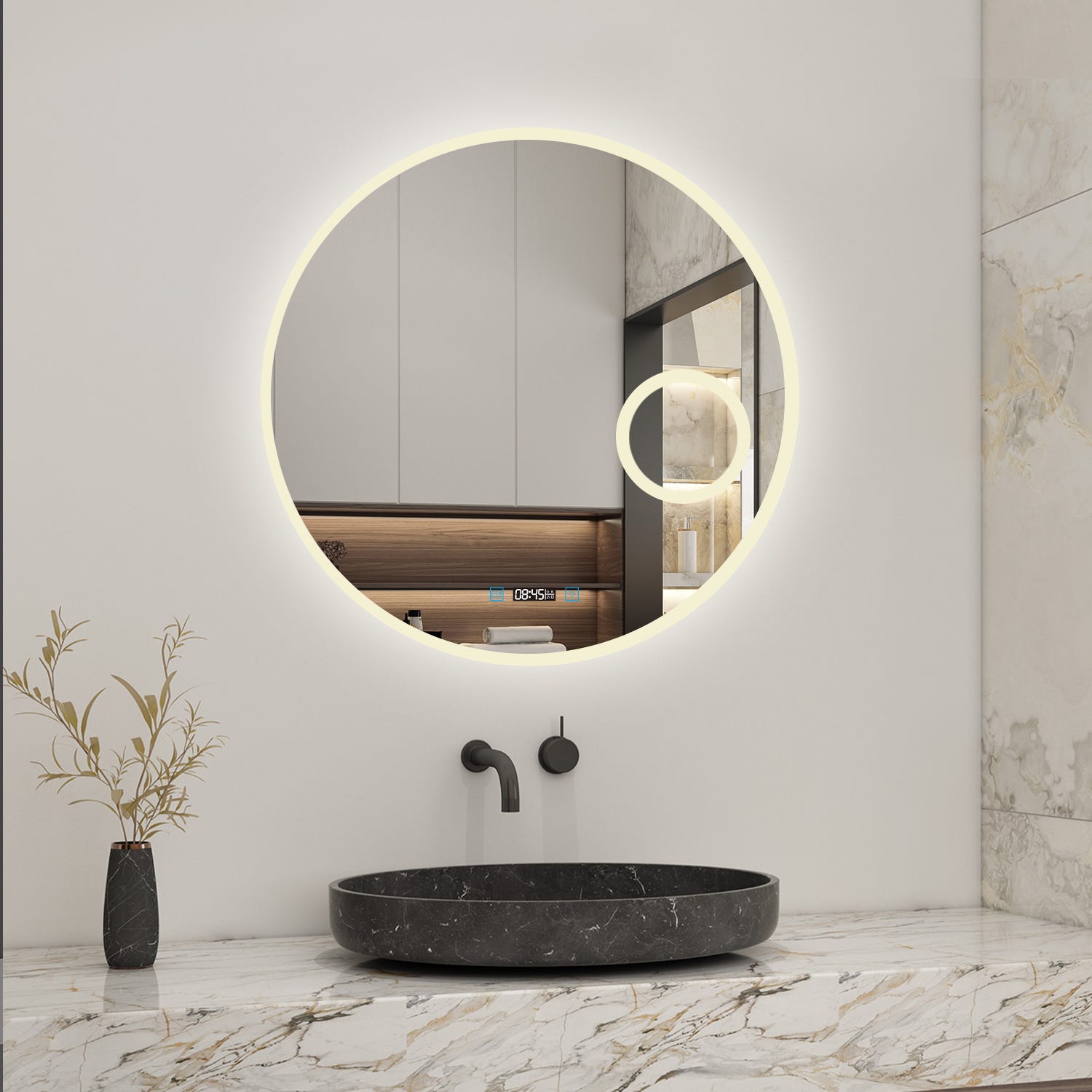 AICA LED miroir lumineux 3 couleurs tactile horloge + loupe + anti-buée + dimmable + mémoire 70x70cm miroir salle de bain rond 4