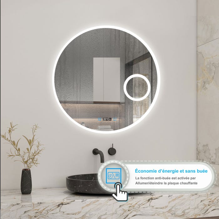 AICA LED miroir lumineux 3 couleurs tactile horloge + loupe + anti-buée + dimmable + mémoire 70x70cm miroir salle de bain rond 2