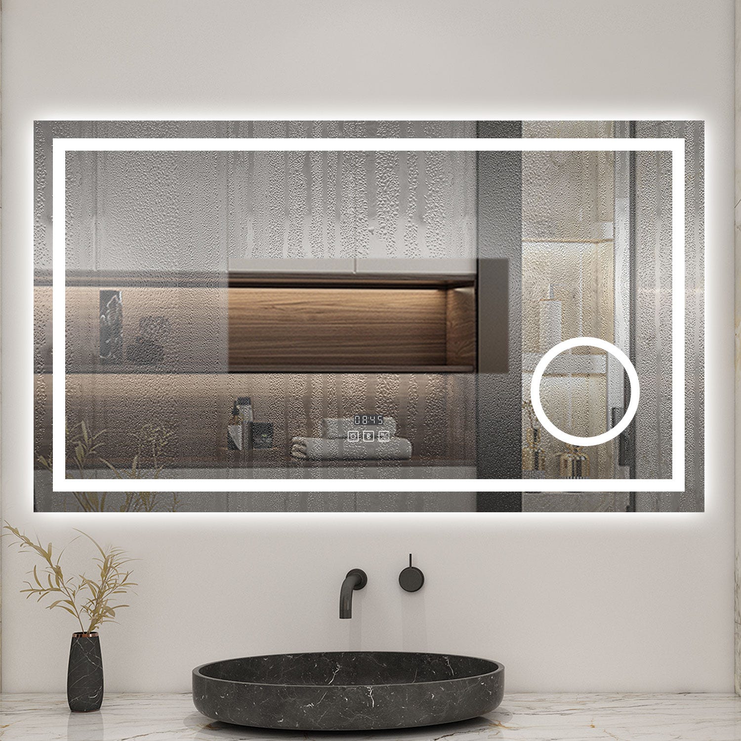 AICA Miroir lumineux Horloge + loupe + bluetooth + tricolore + anti-buée 160x80cm salle de bain dimmable,mémoire,tactile-led 1