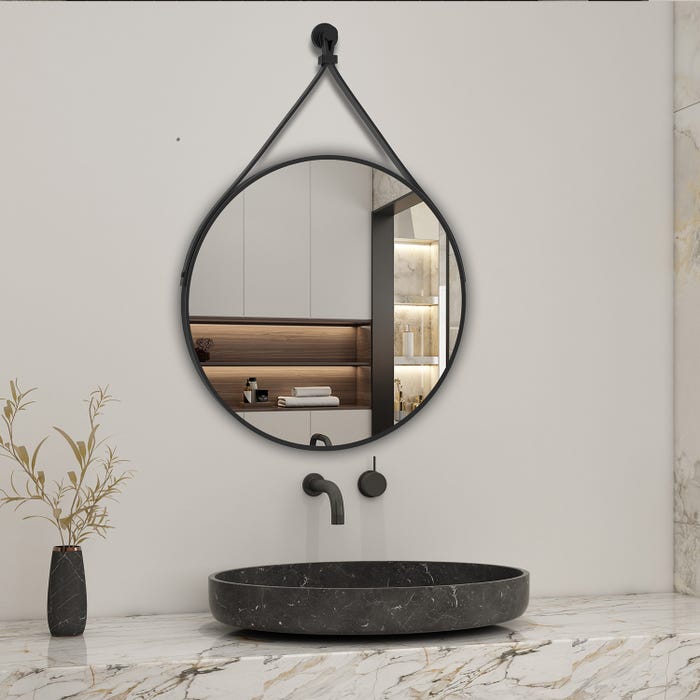 AICA Miroir rond 70x70cm noir encadré avec ceinture en cuir amovible suspendu verticalement 0