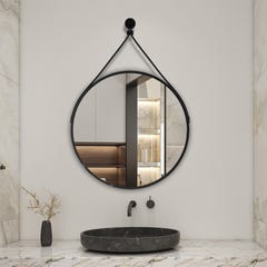 AICA Miroir rond 80x80cm noir encadré avec ceinture en cuir amovible suspendu verticalement 1