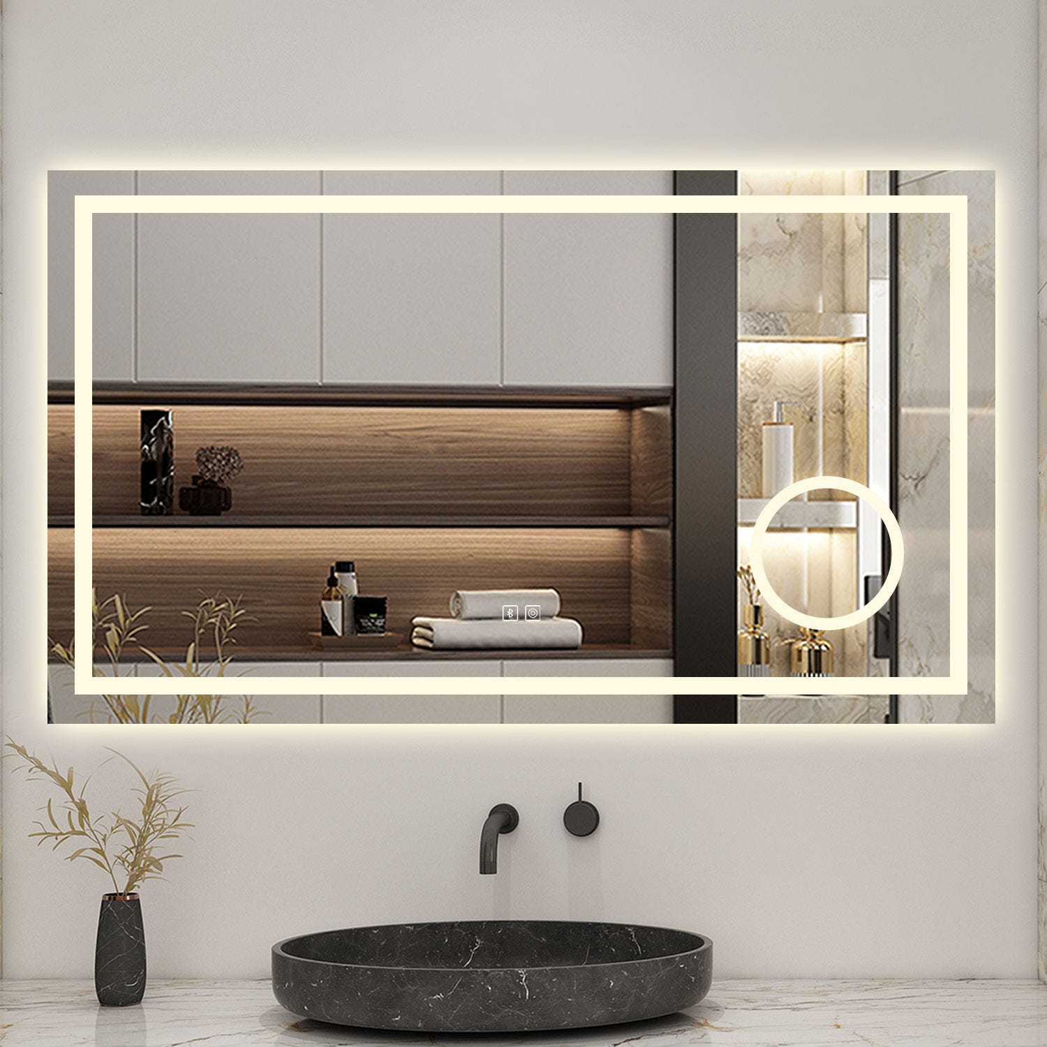 AICA LED Miroir lumineux loupe + bluetooth + tricolore + anti-buée 100x60cm salle de bain dimmable,mémoire,tactile 4