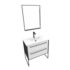 Pack meuble de salle de bain 80x50 cm NOIR MAT - 2 tiroirs blanc - vasque blanche + miroir LED 2